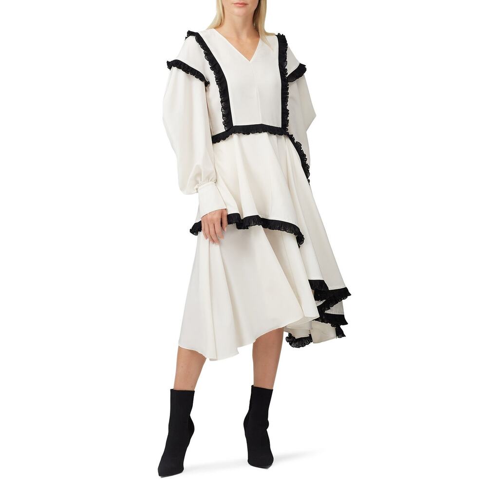 ADEAM Assymetrical midi Dress sz 2 Flouncy White black coquette romantic ruffle